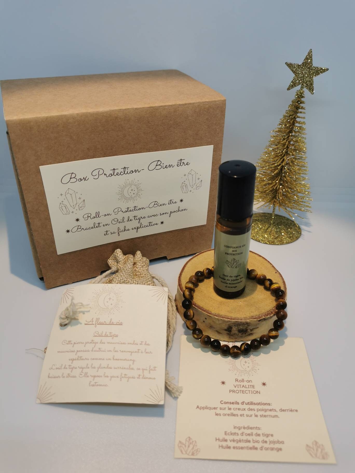 Box Protection Bien-Être. Elle Comprend Un Roll-On , Bracelet en Œil de Tigre avec Son Pochon et Sa 
