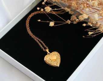 24K Gold Vintage Locket Necklace, Heart Pendant Necklace, Heart Locket Necklace, Cottagecore Necklace, Romantic Necklace, Gift for Her