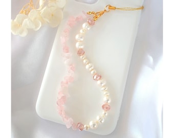 Cristal téléphone charme quartz rose chaîne de téléphone pierre précieuse pierre précieuse sangle de téléphone perle accessoire de téléphone perle clé charme d’eau douce perle étui de téléphone ficelle