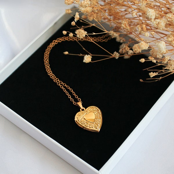 24K Gold Vintage Locket Necklace, Heart Pendant Necklace, Heart Locket Necklace, Cottagecore Necklace, Romantic Necklace, Gift for Her