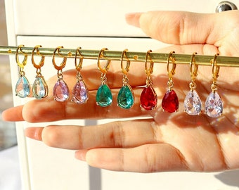 18K Small rainbow hoops, gold hoop earrings, multi colored hoop earrings, dainty earrings, tiny hoops, minimalist earrings, huggie earrings