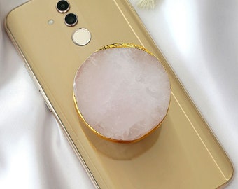 Rose Quartz Crystal Phone Holder | Mobile Phone Grip | Phone Stand | Healing Gemstone Charm | Gold Edge IPhone Holder
