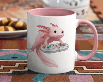 Axolotl jugando videojuegos 11 oz. taza de café con mango de color