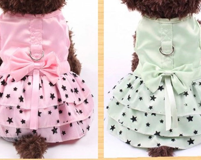 Pretty Dog Dress | Cat Dress | Bow & Stars Silky Pet Dress with D Ring for Lead