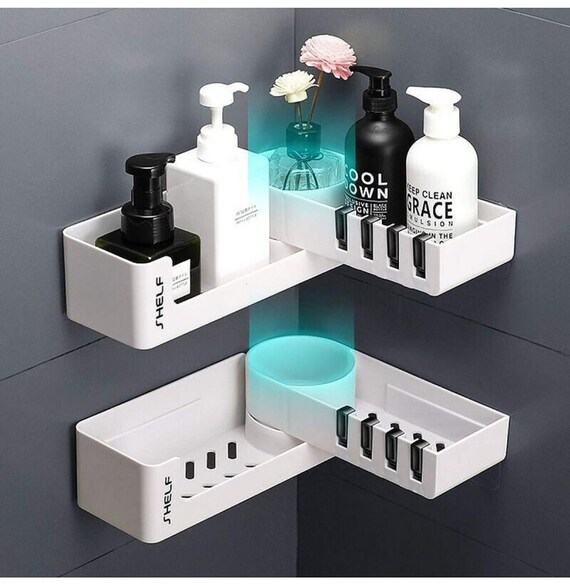 TBM Bathroom Corner Storage Shelf / Self Adhesive Bathroom Storage Organizer  With Hooks / Shower Caddy Rotatable 