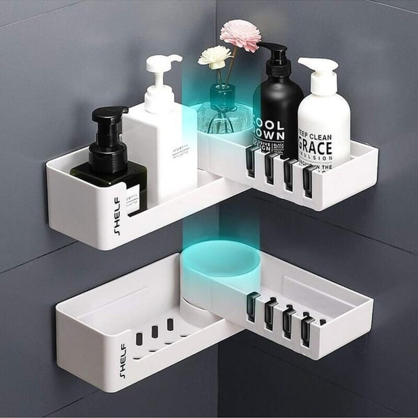 TBM Bathroom Corner Storage Shelf / Self Adhesive Bathroom Storage Organizer with Hooks / Shower Caddy Rotatable