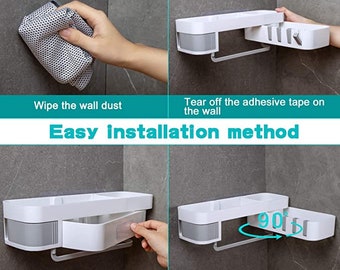 TBM Bathroom Corner Storage Shelf / Self Adhesive Bathroom Storage  Organizer With Hooks / Shower Caddy Rotatable 