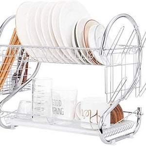 Dish Drainer (2 Tier) Rack with Utensil Holder/Cup Holder and Dish Drying Rack for Kitchen Counter Top/Silver (Chrome Plated) 42cmx38cmx26cm