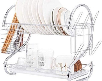 Dish Drainer (2 Tier) Rack with Utensil Holder/Cup Holder and Dish Drying Rack for Kitchen Counter Top/Silver (Chrome Plated) 42cmx38cmx26cm