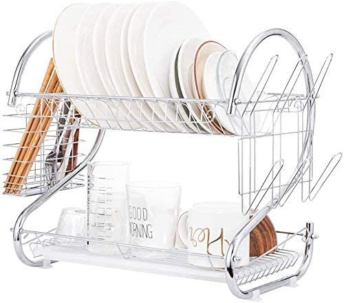  2 Tier Iron Art Dish Drying Rack, Black Dish Drainer for  Kitchen Counter, Dish Strainers with Auto-Draining Tray, Drying Rack with  Utensil Holder,Cup Holder,Cutting Board Holder