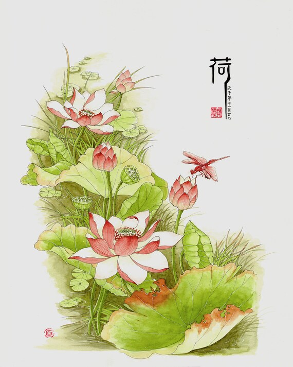 蓮の花 3 点セット、中国風絵画、水彩画 - Etsy 日本