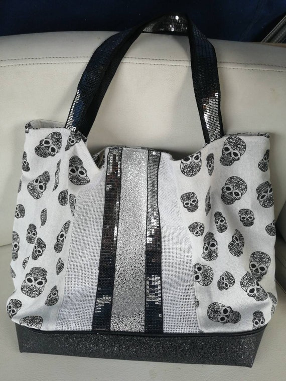 Large Black and White Beach Bag With Sequin Ribbons Etsy
