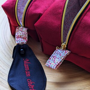 Red velvet makeup pouch lined with liberty print and personalized label Size S