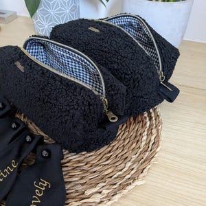Gingham Lined Sherpa Makeup Pouch with Personalized Label Size S
