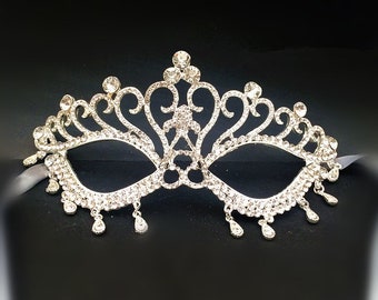 White Space Filigree Masquerade Mask With Clear Rhinestones