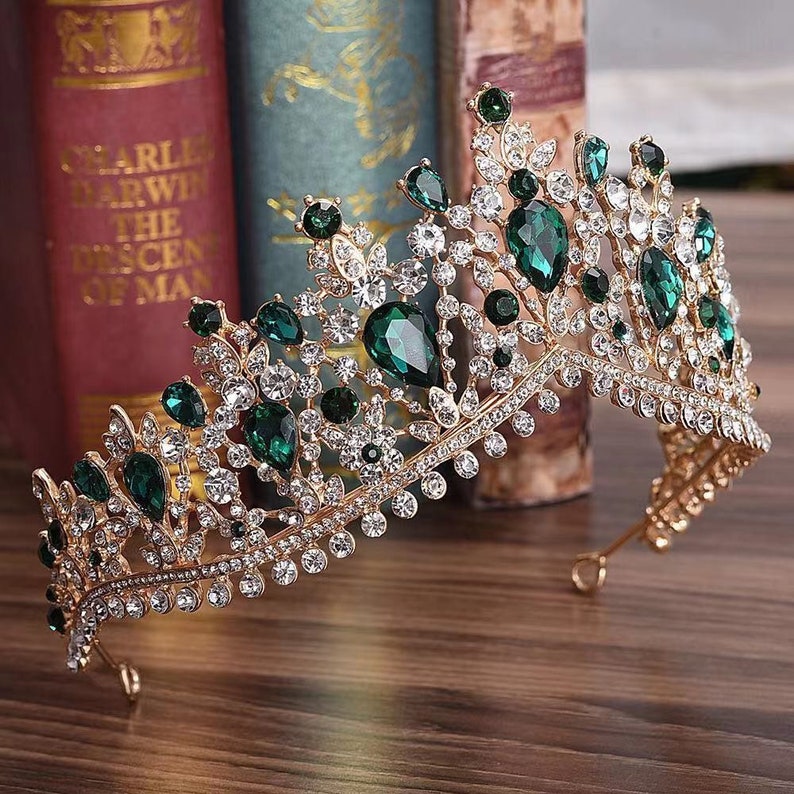 Gold Green New Rhinestone Crown Headband Wedding Bride Princess Queen Hair Tiara 