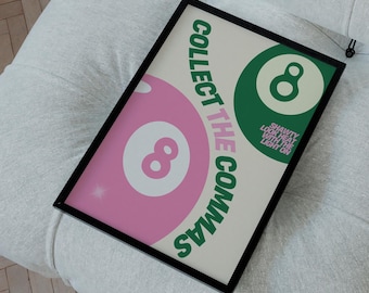 Póster de Collect The Commas / Arte de pared inspirado en PAWSA / Impresión de bola 8 rosa / Decoración minimalista para sala rave