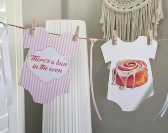 A little bun is in the oven banner,There's a bun in the oven banner,Cinnamon bun banner,Baby shower decor,Bun in the oven jumpsuit banner