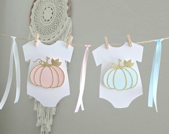 Gender reveal banner,Pumpkin gender reveal baby shower,Little pumpkin garland,Pumpkin cupcake toppers,Little pumpkin bodysuit banner