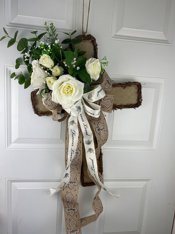 Door Hanger Sympathy Wreath Cross Wall Decor Cross Wreath Etsy