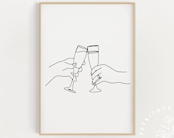 Wine Fine Line Art, Drinks Artwork Print, Cheers, Kitchen Bar Prints, Kitchen Art Download, Minimalist Line Drawing, Simple Line Poster