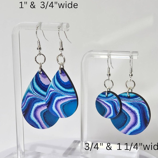 4 different sizes available, Beautiful Dangle Earrings with Slices of Navy, Aqua Blue, and Lavender. Hypoallergenic & Light weight!