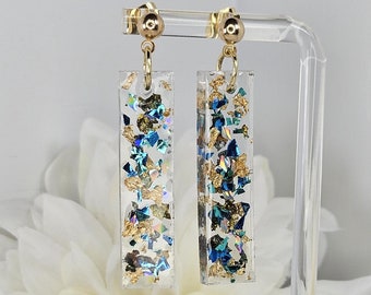 Gold Flake Resin Earrings: Teal Blue Iridescent Lightweight Dangles