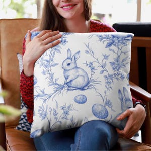 Blue Chinoiserie Premium Pillow Case, Chinoiserie Countryside Pillow, Bunny Floral Victorian Pillow, Easter Pillow