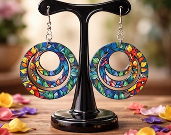 Stained Glass Look Earrings: Colorful Boho Wooden Dangle Jewelry