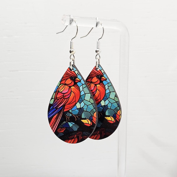 Cardinal Bird Earrings: Faux Stained Glass, Lightweight MDF, USA Made