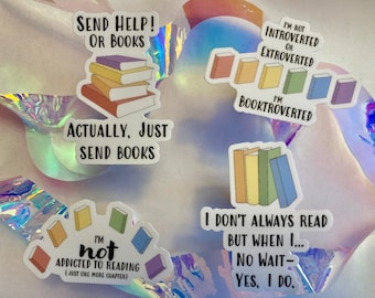 Bookish Stickers Rainbow Books - Addicted to Reading; Send Help or Books; Booktrovert; I Don't Always Read