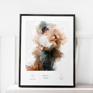 watercolor couple portrait black frame