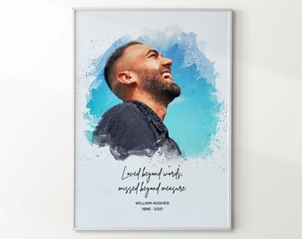 Aquarell-Gedenkportrait, Familienportrait, liebevolles Erinnerungsgeschenk, Trauergeschenk, Beileidsgeschenk, Beileidsgeschenk für den Verlust des Mannes