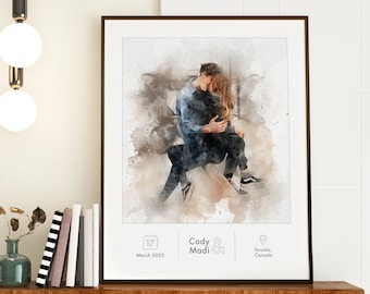 Custom Watercolor Couple Portrait From Photo, Personalized Christmas Gift for Him, Wedding Gift For Couple, Anniversary Gift For Boyfriend