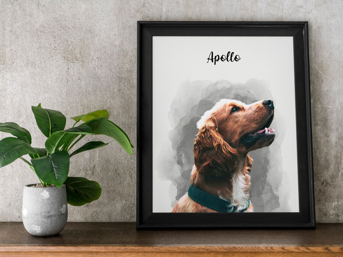 Custom Pet Portrait with a black frame.