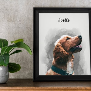 custom watercolor pet portrait in black frame featured as home decor after being handmade