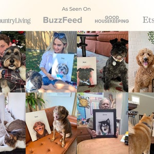 people smiling with their personalized pet portrait. Most of them are featured in their home as this is a home decor gift