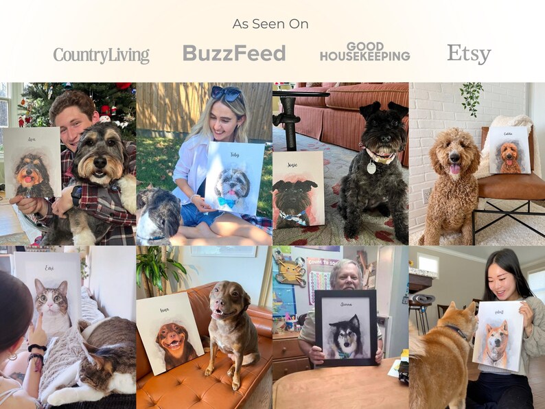 people smiling with their personalized pet portrait. Most of them are featured in their home as this is a home decor gift