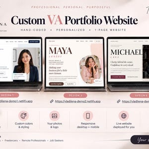 Op de afbeelding: Drie laptops en een smartphone tonen aangepaste portfolio-websites voor virtuele assistenten. De schermen tonen professionele lay-outs met namen zoals Maya Santos en Michael Cruz, inclusief tekst, foto's en demo-URL's.