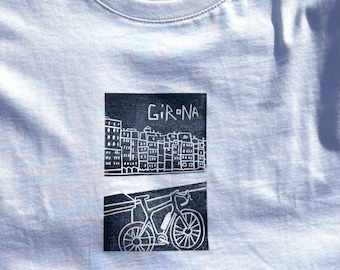 Handmade Girona Skyline T-Shirt – Linocut Bicycle Print, Catalonia Souvenir