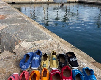 Handmade Espadrilles with Linocut Whale Print – Colorful Unisex Summer Shoes, Elastic Heel Slip-Ons — Cartagena Gift
