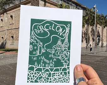 Barcelona Linocut Print – Handprinted Wall Art or Postcard, Unique Travel Gift