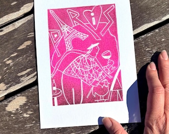 Paris Linocut Print – Handprinted Wall Art Decor, Block Stamp Travel Gift