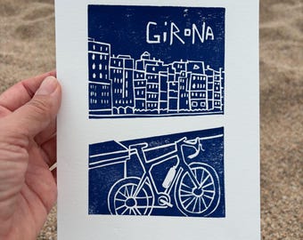 Girona Spain Print: Bicycle Linocut Art, Travel Gift