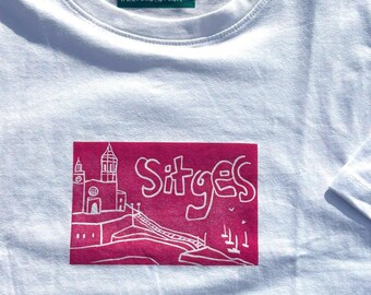 Sitges Unisex T-Shirt with Handmade Linocut Print • Custom Shirt & Print Colors