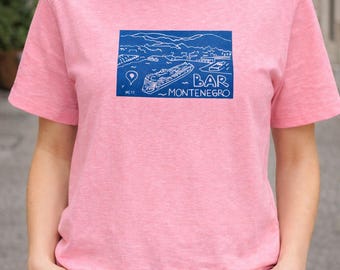 Bar Montenegro T-Shirt: Handmade Linocut Marina and Cruise Ship View Souvenir
