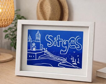 Sitges Linocut Print – Original Handmade Blue Coastal Wall Art