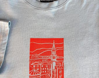 Budva Montenegro T-Shirt: Hand-Printed Linocut Travel Souvenir