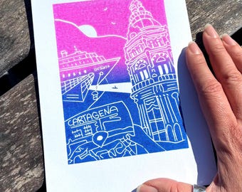 Cartagena Handprinted Linocut – Spain Harbor & Cruise Ship Art Print