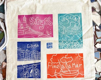 Handprinted Catalonia Cotton Backpack: Rainbow Linocut Art Bag